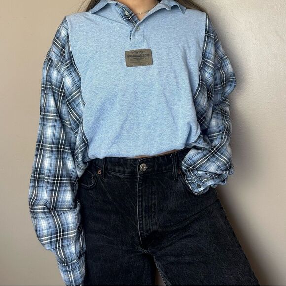 Reworked Upcycled Wrangler Two Tone Flannel Long Sleeve Western Relaxed Shirt - Picture 1 of 5